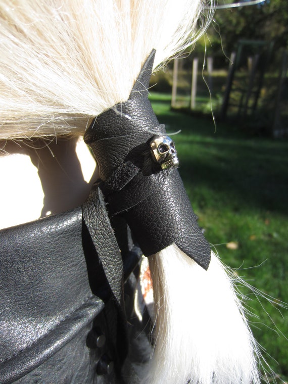 Black Leather Hair Wrap Skull Beaded Tie Ponytail Holder Biker Rocker Goth  Hair Extensions Z103 
