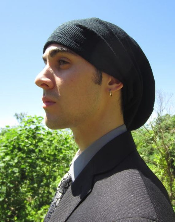 Mens Black Merino Wool Slouchy Beanie 