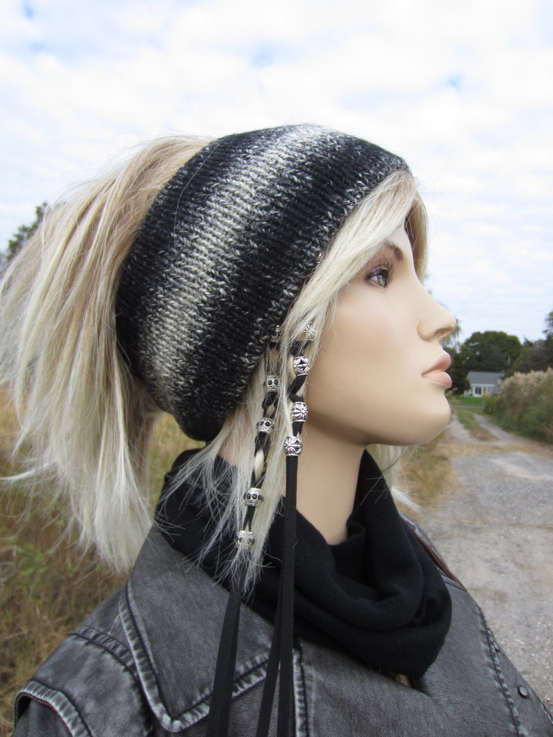 Ear Head Warmers Wool Headband Hairband Muff, Warm Black OMBRE Striped Ski Snow Tube Hat A1037 image 2