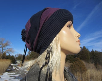 Tie Back Slouch Beanie Tam Hat Purple Navy Striped Beanies for Women A1443