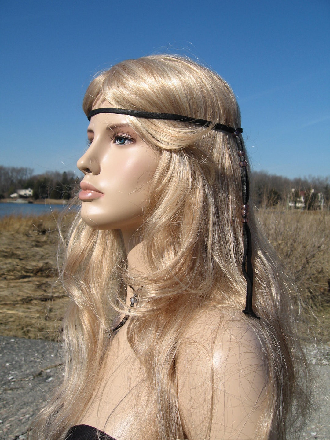 Black Leather Headband Hair Wrap, BOHO Hippie 70's Style