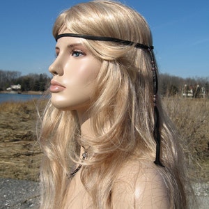 Black Leather Headband Hair Wrap, BOHO Hippie 70&#39;s style Glass Beaded Braid in  Z106