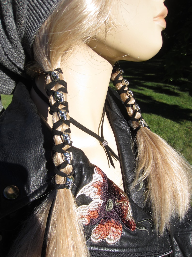 Skull Hair Jewelry Black Leather Hair Ties Ponytail Holder Etsy