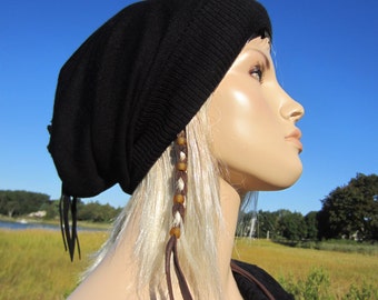 Bohemian Clothes Black Slouchy Beanie Hat Merino Wool Blend Ladies Tams A1524