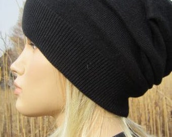 Slouchy Hat Cashmere Beanie Womens Plain Basic Solid Black Hat Wool Cotton Blend A49