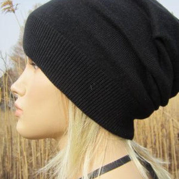 Slouchy Hat Cashmere Beanie Womens Plain Basic Solid Black Hat Wool Cotton Blend A49