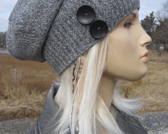 Slouchy Beanie Hat Button Slouch Tam Tan Womens Cotton Warm Winter Hats Black Buttons A1222B