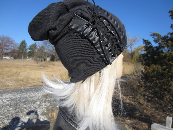 Edgy Bohemian Clothing Slouchy Beanie Black Leather Corset Lace Ties Acid Washed Cotton Knit Hat Musician Rocker Men & Women A1348