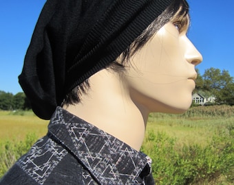 Large Mens Black Hat Wool Slouchy Beanie Hat Fine Italian Merino Wool Knit Big Head Loose Lightweight Tam A1195