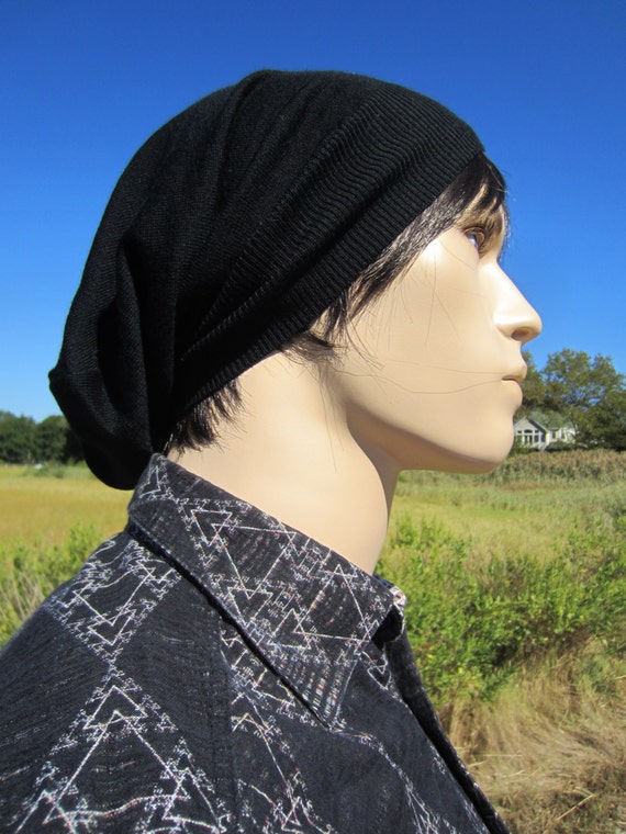 Large Mens Black Hat Wool Slouchy Beanie Hat Fine Italian Merino Wool Knit Big Head Loose Lightweight Tam A1195