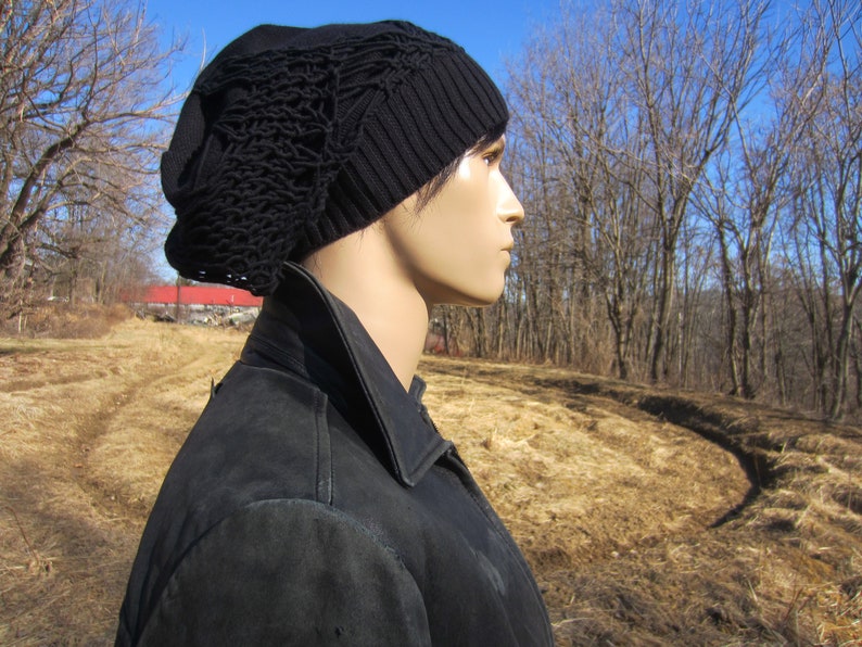Reworked Clothing Spider WEB Sweater knit Hat Women/'s Black Tams Hats Big Head Slouchy Beanies Cotton Hand Knit Overlay A2022