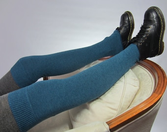 Teal Blue Over the Knee Sock Leg Warmers Boot Socks Knit Women's Turquoise Thigh Highs A1501