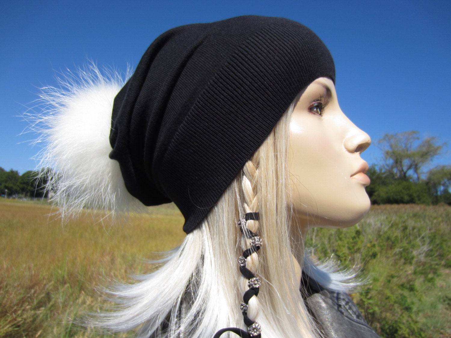 New Custom Designed Cashmere Blend Black Slouchy Pom Beanie w/ Large Dandelion. Classic Cashmere Slouchy Beanie with Pom – Hat Attack New York main image 4