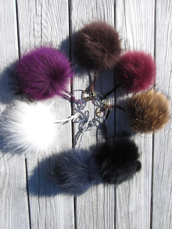 Leather Bag Charm Fur Pom Pom Key Chain Black Real Fur Key Holder Women's Lanyard Leather KeyChain Fob Hook, Genuine Raccoon Gift Boxed Z108