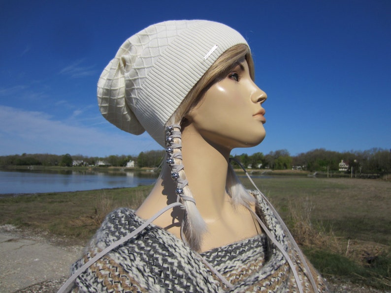 Lightweight Hats Summer Slouchy Beanie BOHO Clothing for Women Diamond Patterend Knit Ivory Cream Cotton Slouch Tam A1699 image 3