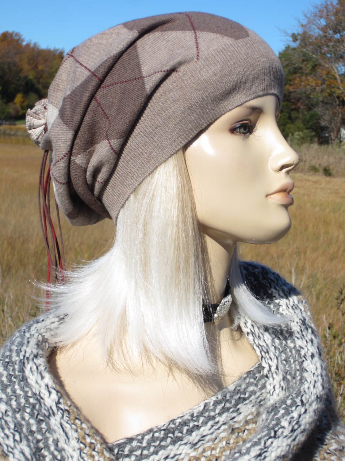 Brown Argyle Beanie Knit Slouch 