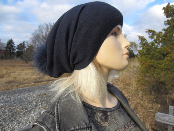 New Custom Designed Navy Cashmere Blend Pom Slouchy Beanie with Blue Heart Reversible Slouchy Red Cashmere Hat with Blue Heart and  main image 2
