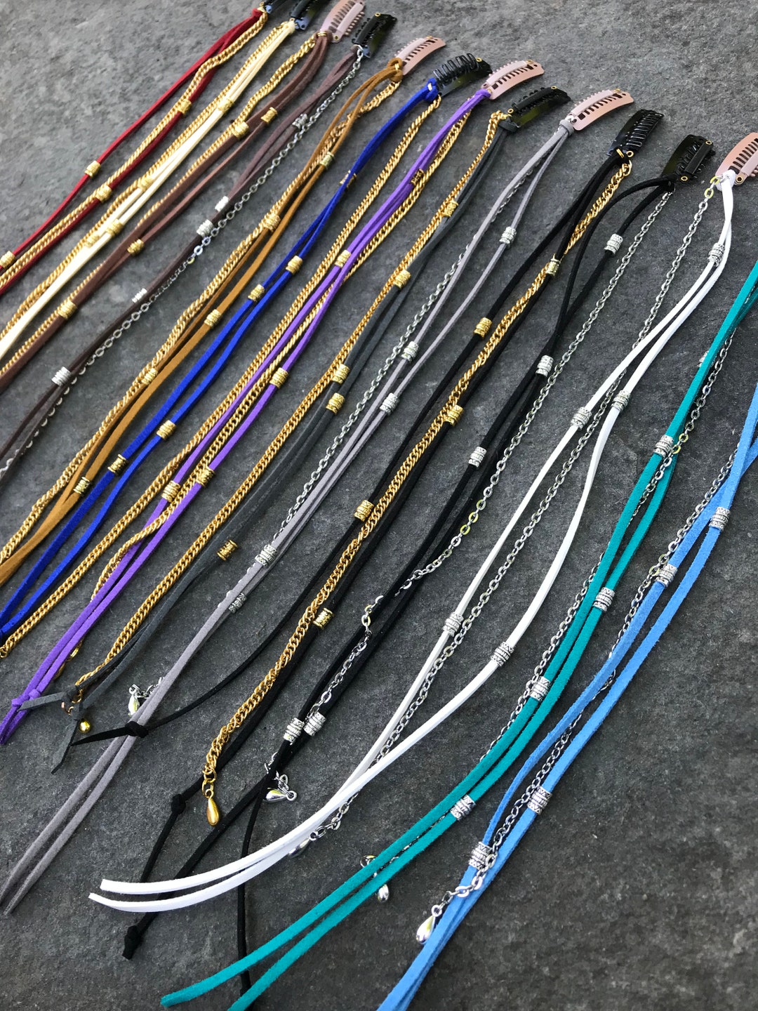 Leather Hair Wrap Tie Beaded Black Leather Chain Silver Gold Braid in