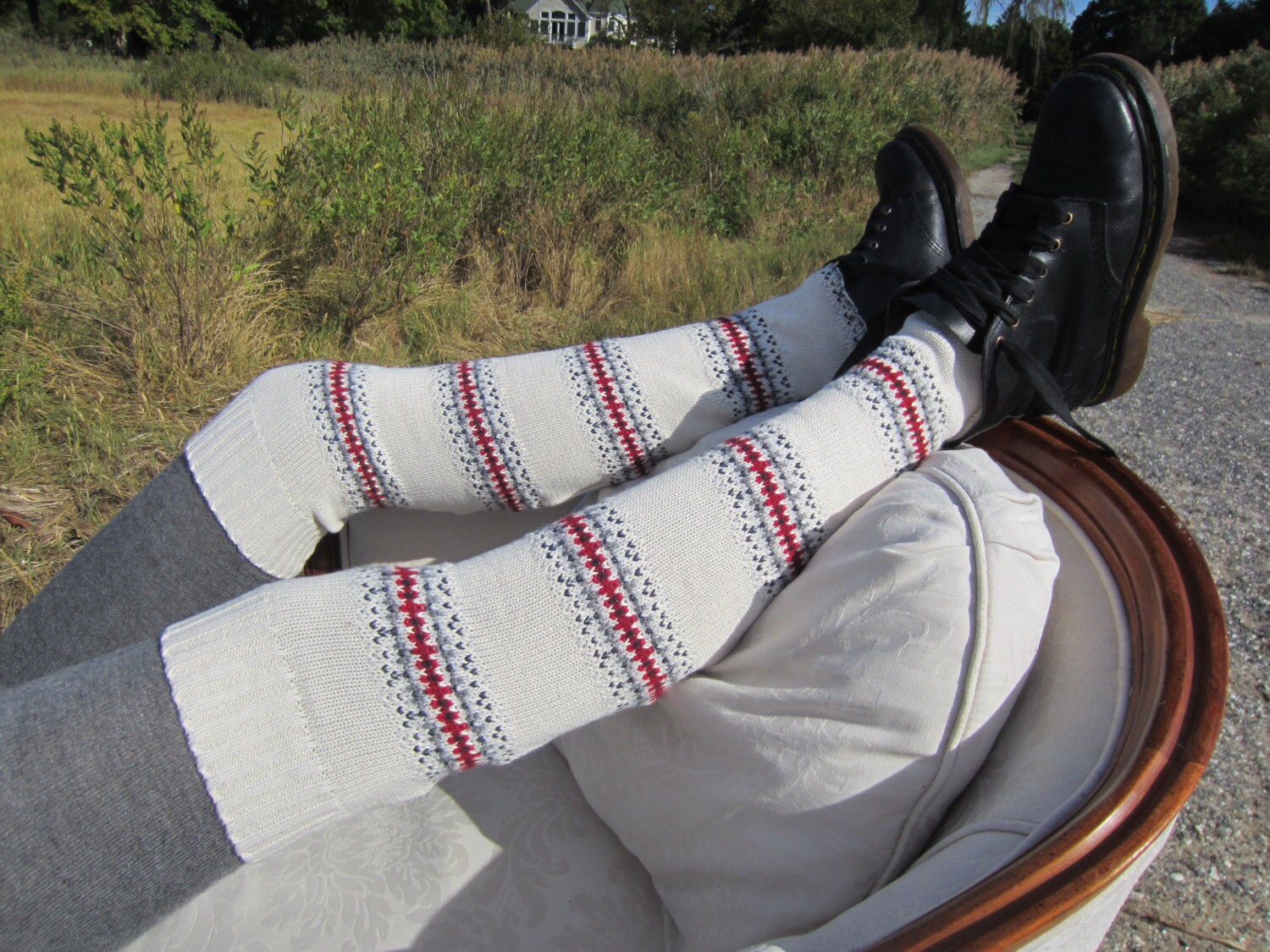 Fair Isle Over the Knee Thigh High Socks Leg Warmers Ivory 