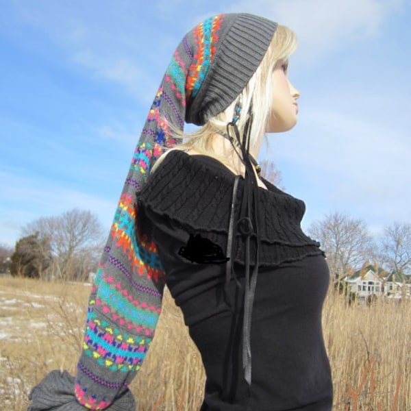 LONG Fair Isle Stocking Cap Cotton Blend Slouchy Beanie,Gray Warm Winter Hat A801