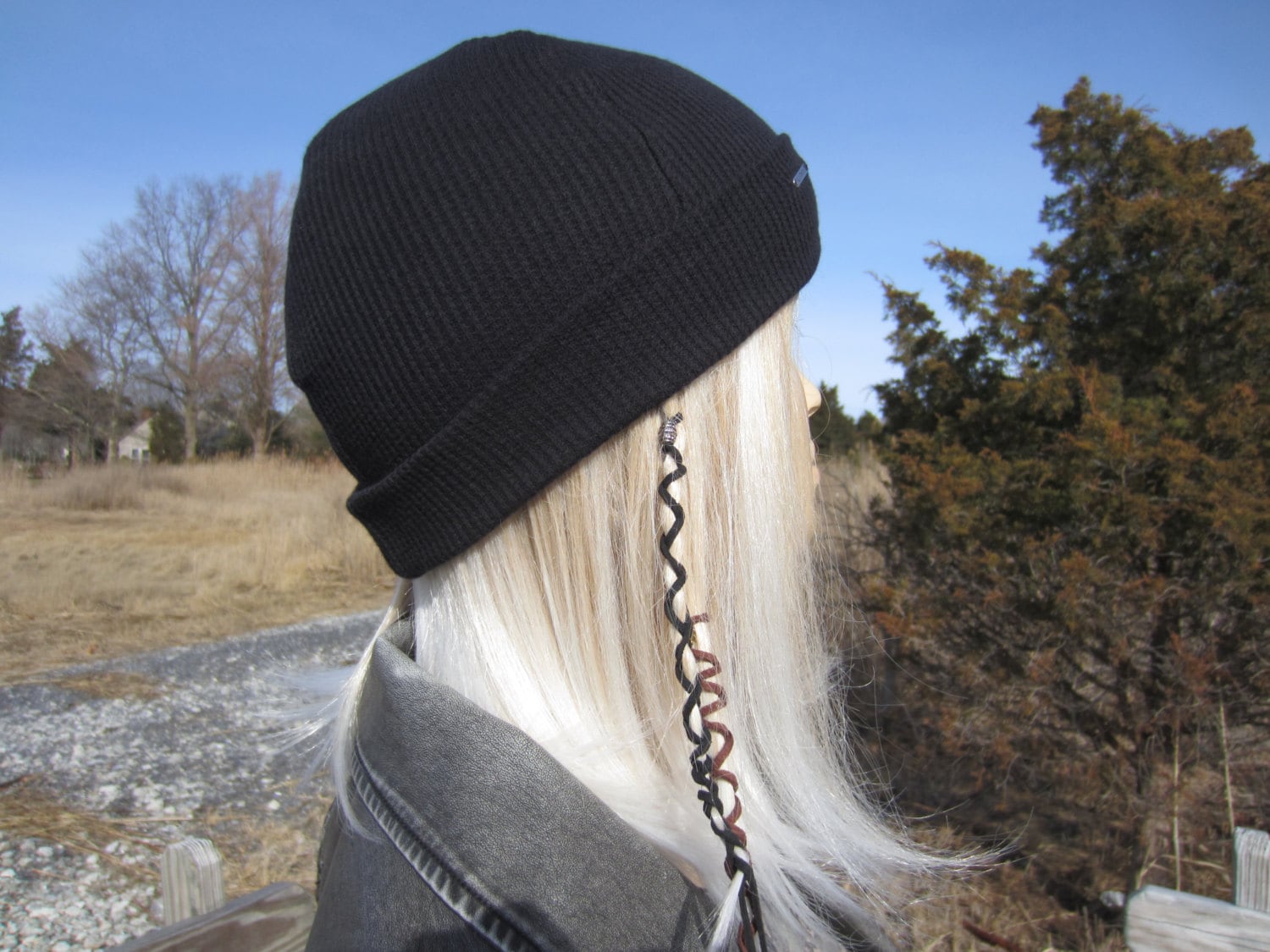 Skullcap Black Thermal Knit Top Beanie Hat Cotton Lightweight