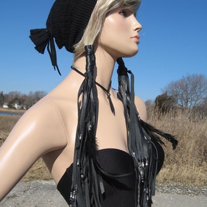 Black Leather Ponytail Holder Hair Wrap Extensions with Feathers, BOHO Hair Jewelry Long Fringe Hair Ties Z1222