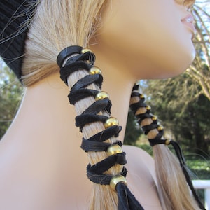 2 Black Leather Hair Wrap Ponytail Holder Braid in with Antique Brass Gold or Silver Beads  Z106