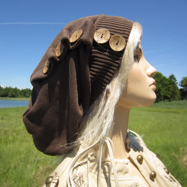 Baggy Long Back Dreadlock Tam Slouchy Beanie Hat Brown Cocoa Distressed Cotton Snood Coconut Buttons A1158