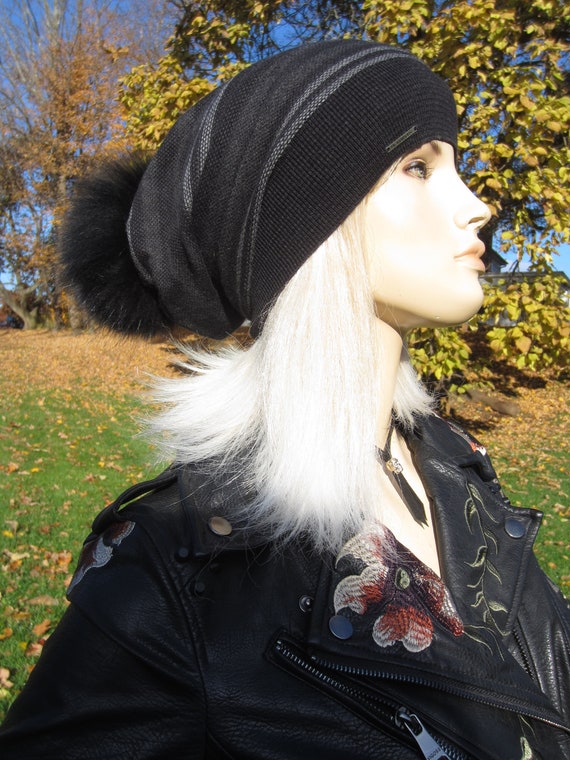 Black Cashmere Hat Fur Pom Pom Beanie Slouchy Beanies Bobble 