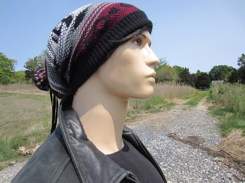 Tribal Print Slouchy Beanies Knit Warm Winter Hat Gray Black Burgundy Fair Isle Print Baggy Leather Tie Back Stocking Cap A1580