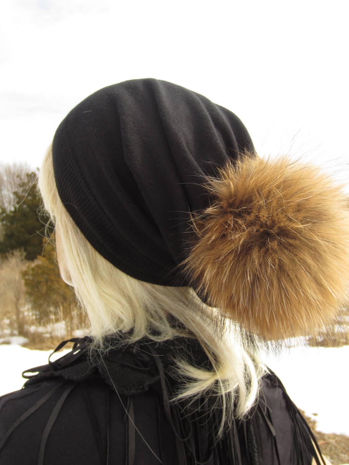 Fur Pom Pom Beanie Black Cashmere Hat 