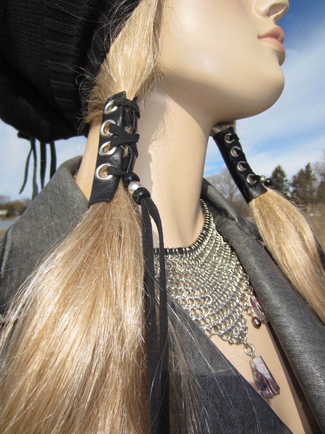 Hair Wraps Black Leather Tie Beaded Ponytail Holder Hair Jewelry