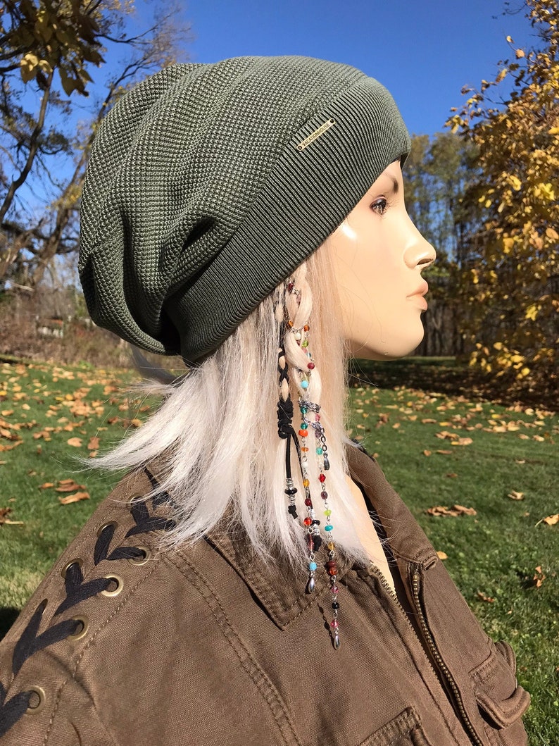 Thermal Knit Slouchy Beanie Hat Slouch Cap Olive Green Camo or Black Distressed Acid Washed 100 COTTON VacationHouse Hats A1802 image 1