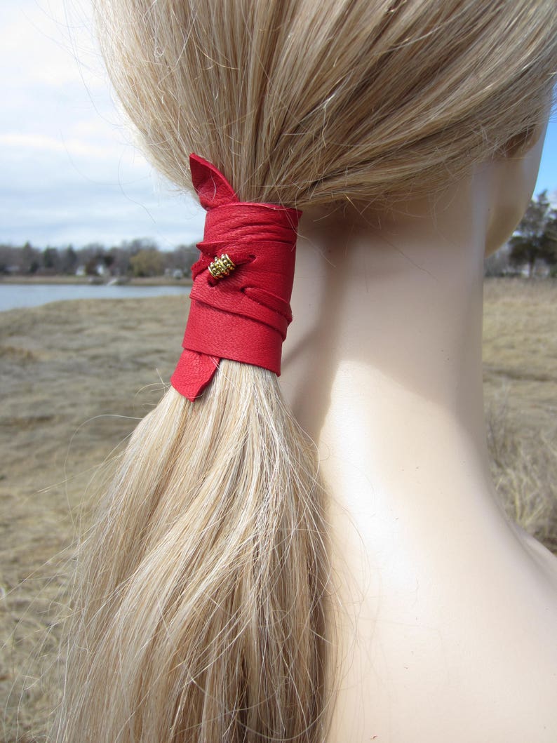 Ponytail Holder Beaded Hair Tie Red Leather Wrap Pony Tail Cuff Bohemian Hair Jewelry Z2010 image 7