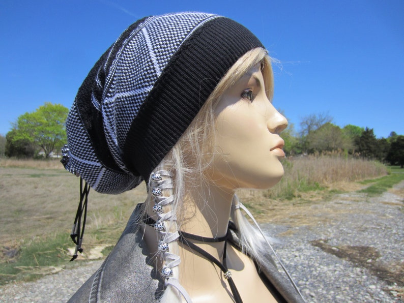 Black Lace Dress Hat Women's Knit Lightweight Summer Beanie Bohemian Clothes Slouchy Beanies Tams Black & White Leather Tie Back A1832 image 2
