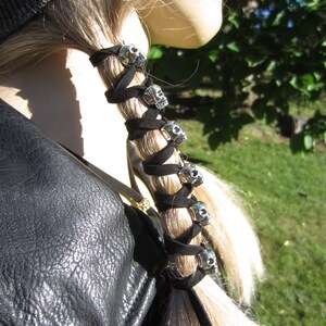 Skull Hair Jewelry Black Leather Hair Ties Ponytail Holder Biker Goth Punk Horror Wrap Extensions Braid in Z106 image 9