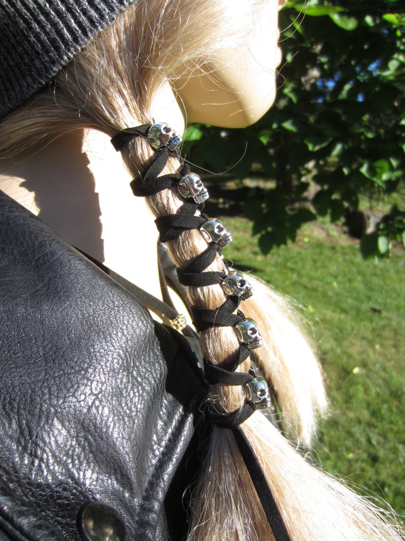 Skull Hair Jewelry Black Leather Hair Ties Ponytail Holder Biker Goth Punk Horror Wrap Extensions Braid in Z106 image 9