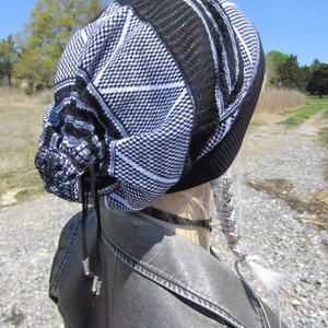 Black Lace Dress Hat Women's Knit Lightweight Summer Beanie Bohemian Clothes Slouchy Beanies Tams Black & White Leather Tie Back A1832 image 5