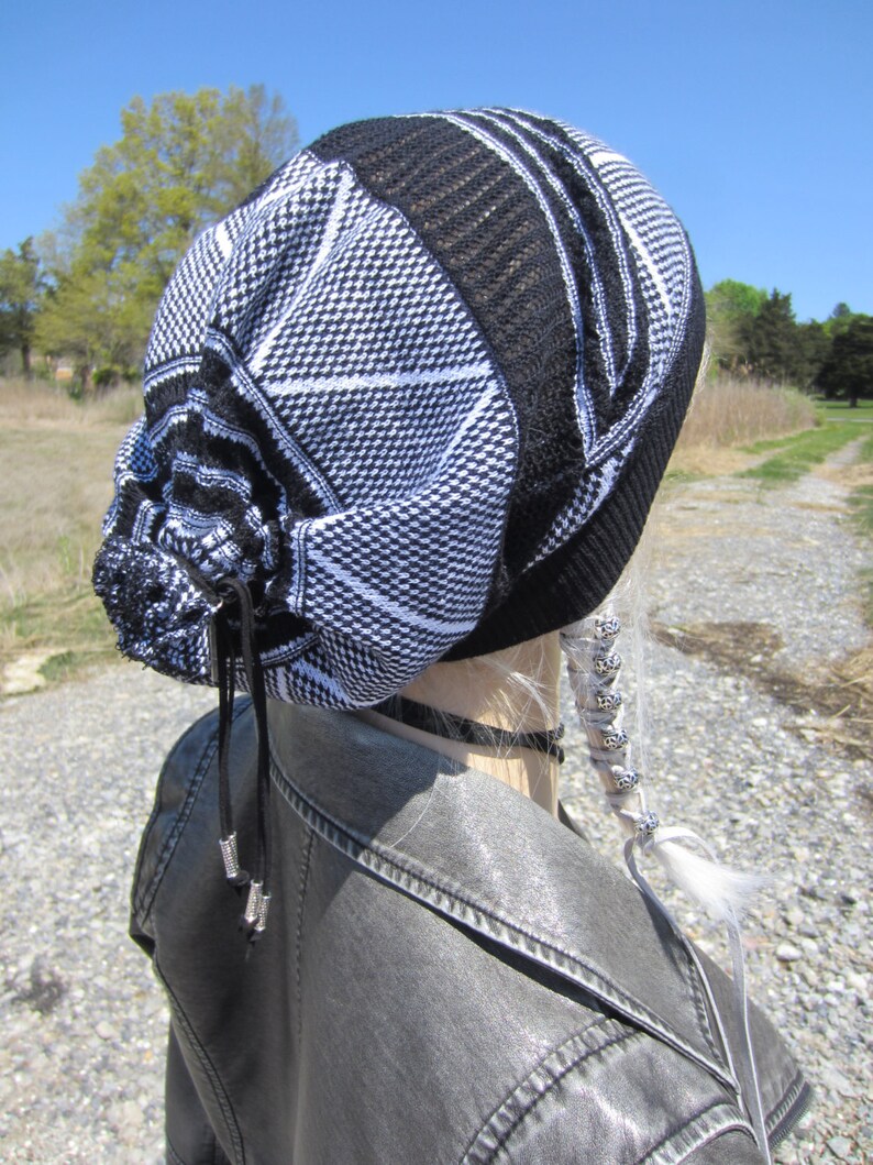 Black Lace Dress Hat Women's Knit Lightweight Summer Beanie Bohemian Clothes Slouchy Beanies Tams Black & White Leather Tie Back A1832 image 5