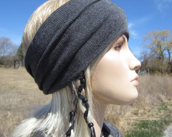 Bohemian Headband Turban Hair Wrap Cotton Blend Charcoal Gray Wide Knit Hairband  A1095