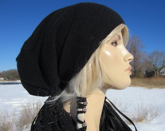 Gorro holgado de cachemira para mujer, de punto negro, 100 % cachemira pura, A1717