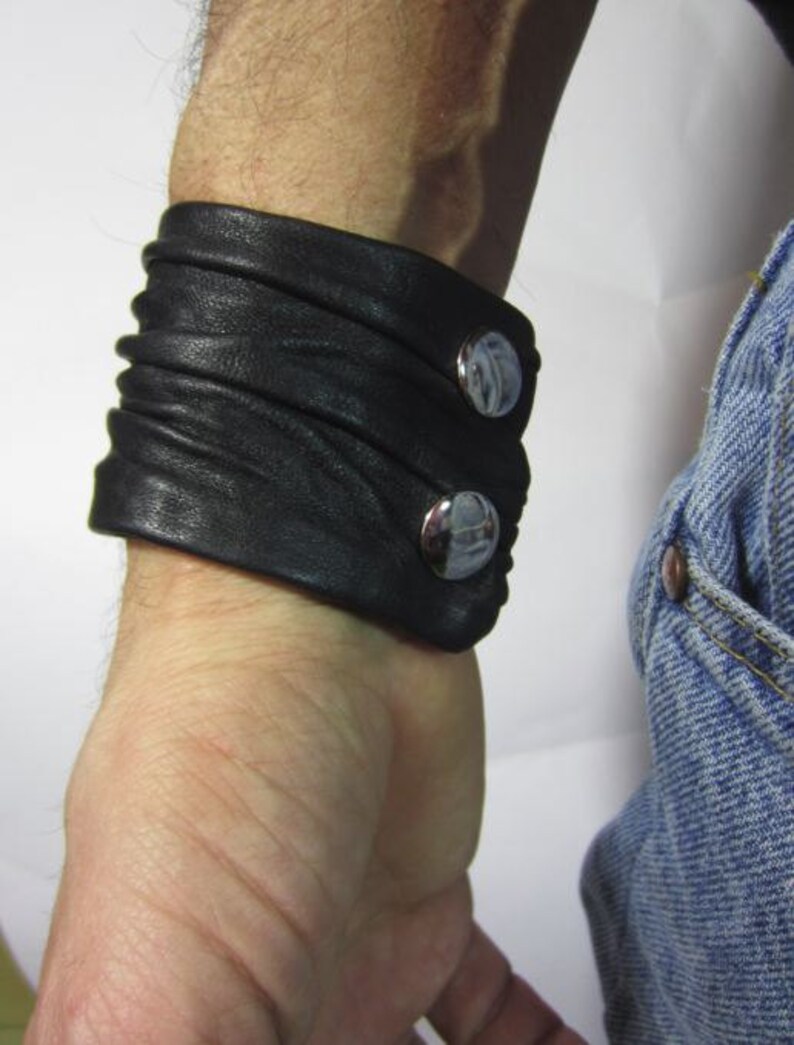 Mens Black Leather Cuff Bracelets Wristbands Crushed Sculpted Etsy
