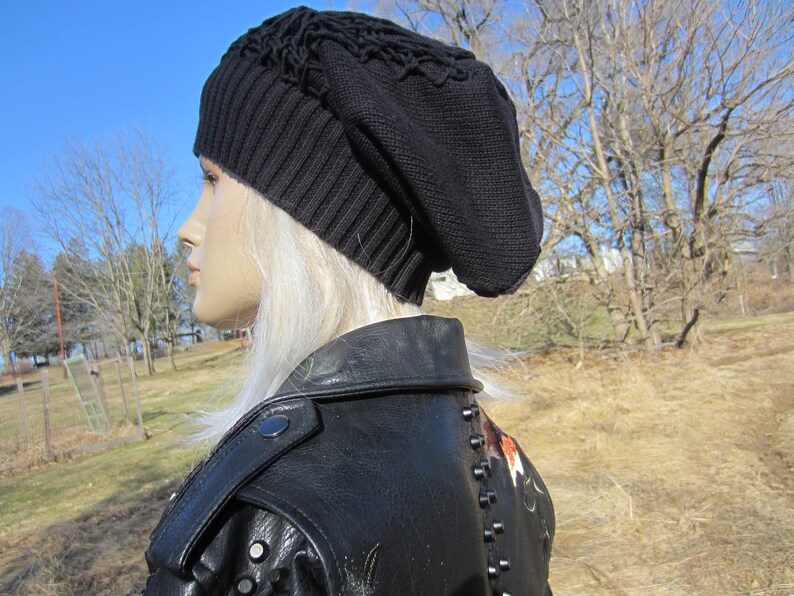 Reworked Clothing Spider WEB Sweater knit Hat Women/'s Black Tams Hats Big Head Slouchy Beanies Cotton Hand Knit Overlay A2022