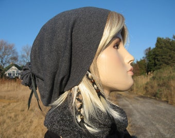 Cashmere Beanie Hat Women's Our Basic Slouch Tam Charcoal Gray with Black Leather Tie Back Cotton Blend A792