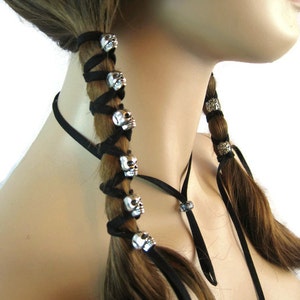 Skull Hair Jewelry Black Leather Hair Ties Ponytail Holder Biker Goth Punk Horror Wrap Extensions Braid in Z106 image 1