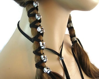 Skull Hair Jewelry Black Leather Hair Ties Ponytail Holder Biker Goth Punk Horror Wrap Extensions Braid in Z106