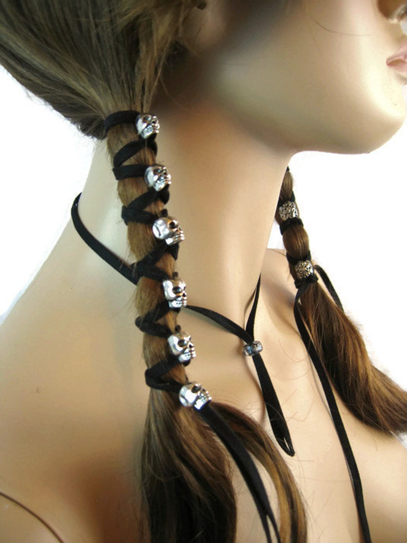 Skull Hair Jewelry Black Leather Hair Ties Ponytail Holder Biker Goth Punk Horror Wrap Extensions Braid in Z106 image 1