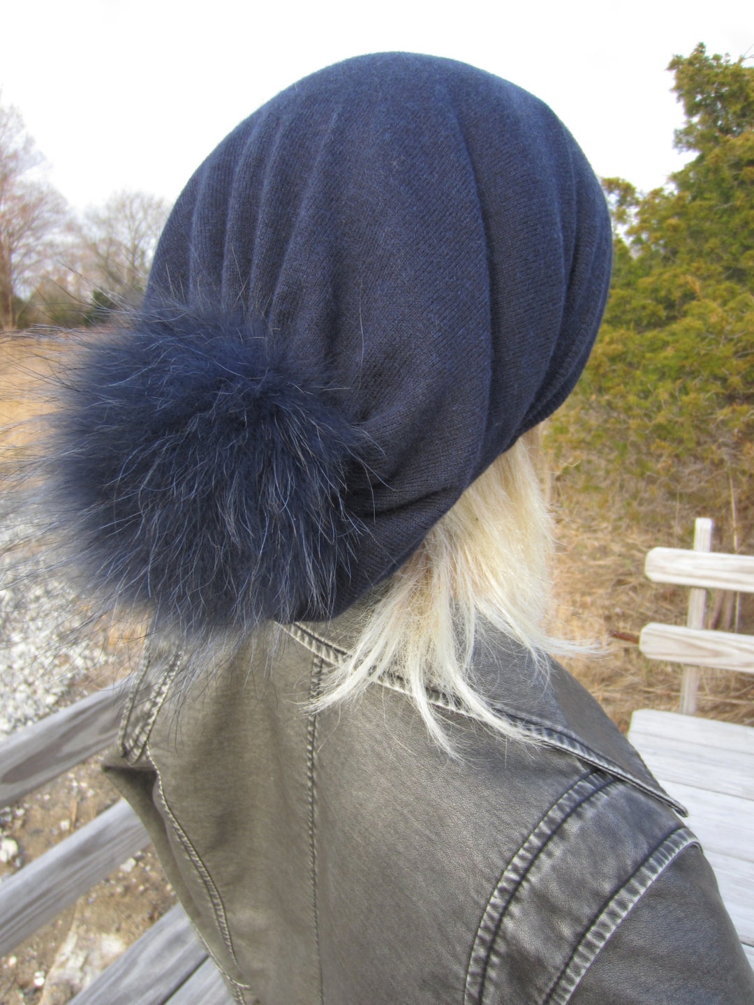 URSFUR Wool Blend Slouchy Beanie Hat With Real Raccoon Fur Pom - Unisex Winter Knit Skull Cap, Stretchy Fit