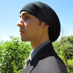 Mens Black Merino Wool Slouchy Beanie Hat Merino Wool Long Slouch Back Knit A1195