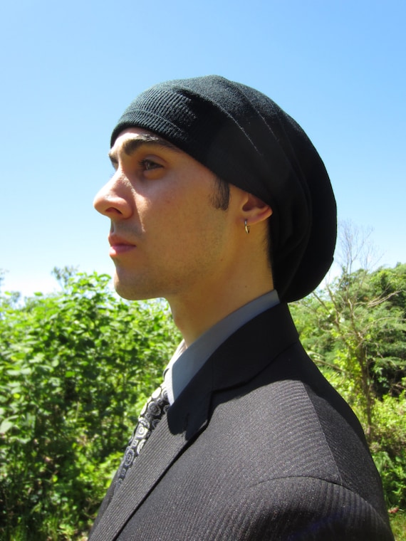 Mens Black Merino Wool Slouchy Beanie Hat Merino Wool Long Slouch